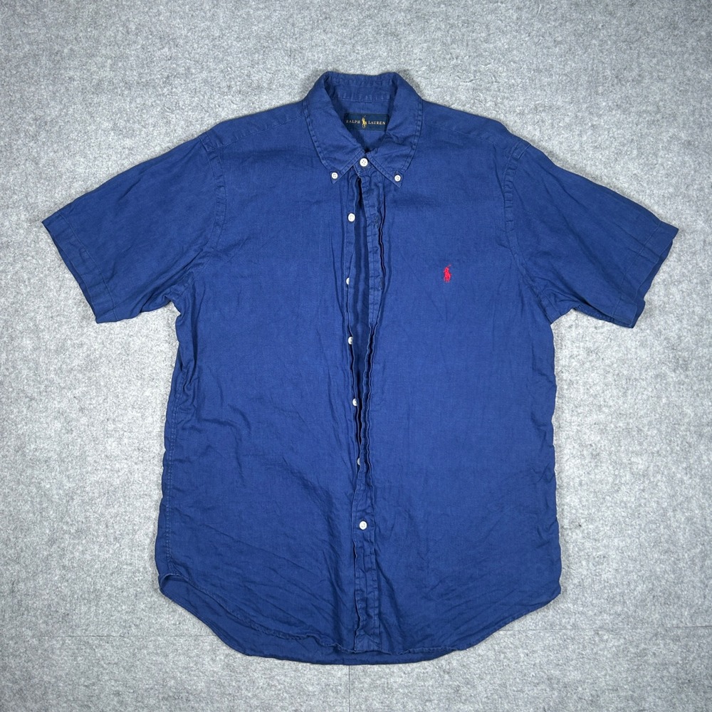 Ralph Lauren Shirt Mens Large Blue Short Sleeve Button Down 100% Linen Classic